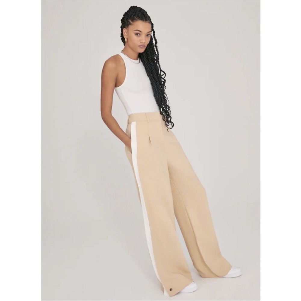 Beige Wide-Leg Pants with White Stripe